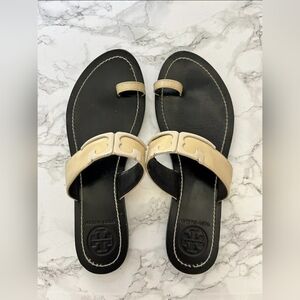 Tory Burch Designer Marcia Beige Black Leather Thong Sandals Size 7.5M w/COA